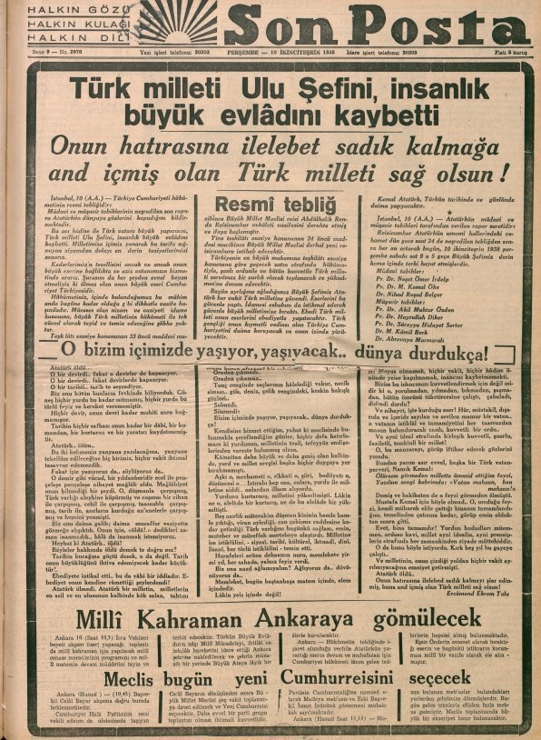 10/11 Kasım 1938 Tarihli Gazete Manşetleri galerisi resim 1