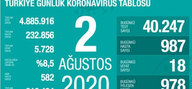 Türkiye'de Koronavirüs | 18 kişi hayatını kaybetti, 987 yeni tanı kondu