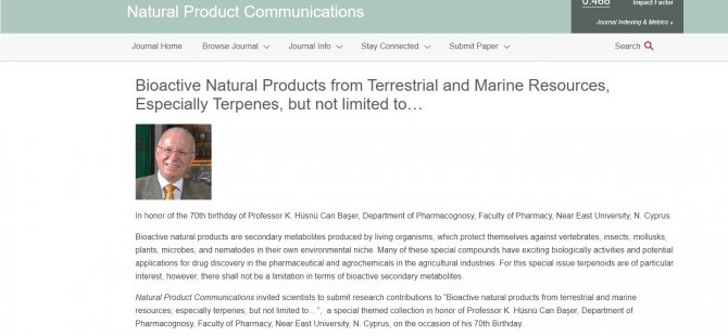 “Natural Product Communications” son sayısını YDÜ Öğretim Üyesi Prof. Dr. Başer’in 70'inci yaş gününe ithaf etti