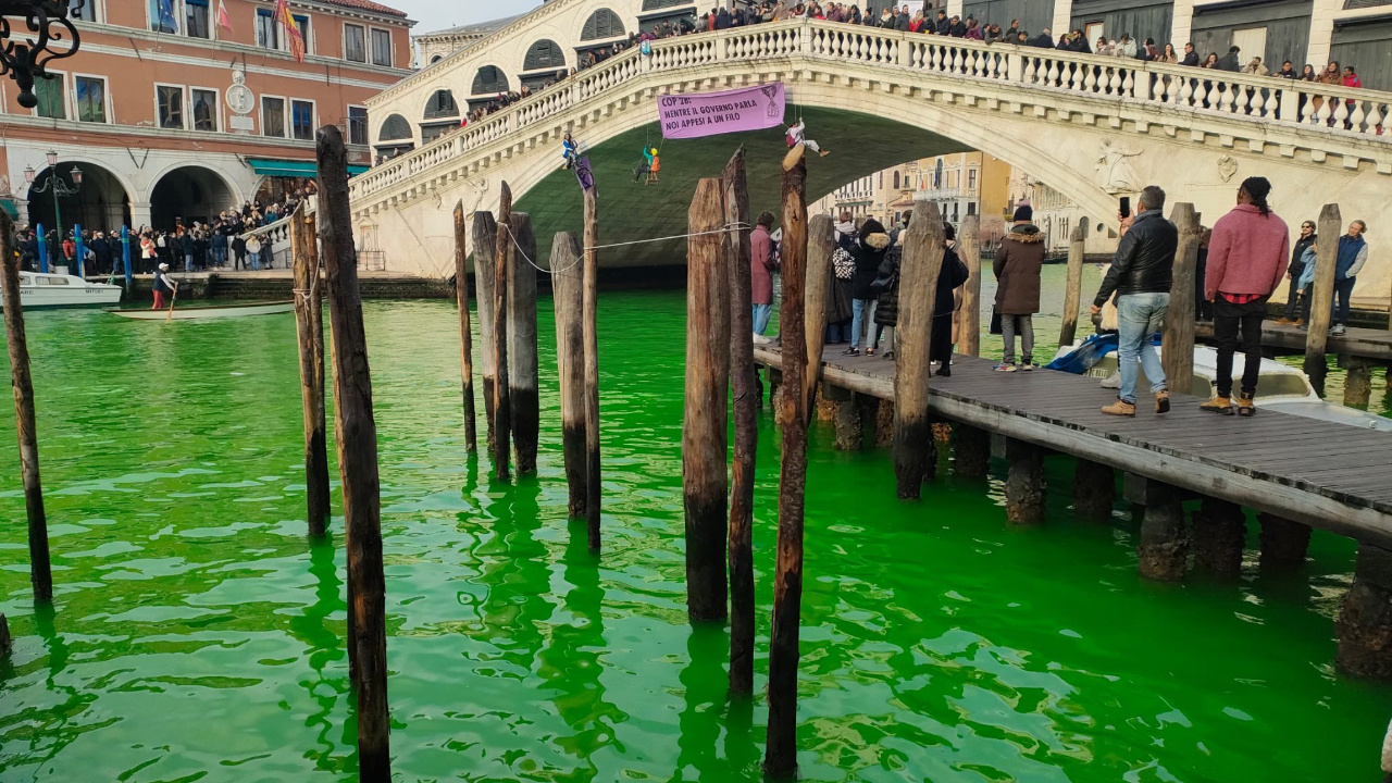 İklim aktivistleri Venedik’teki ‘Büyük Kanal’ı yeşile boyadı