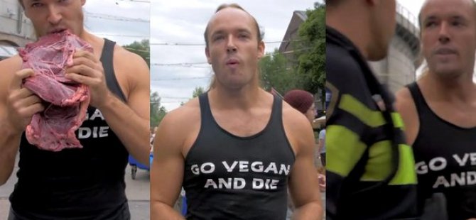 Vegan festivalinde çiğ et yedi! (VİDEO)