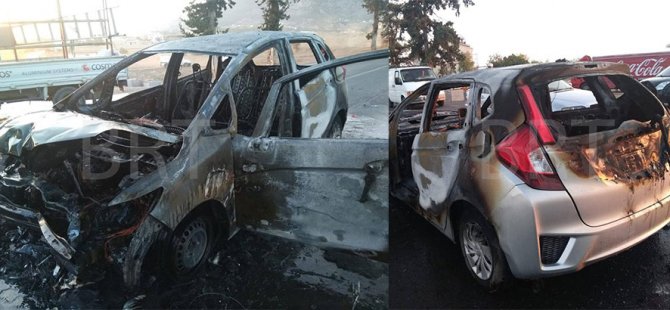 Boğazköy- Gönyeli Anayolu’ndaki trafik kazasında bir araç yandı