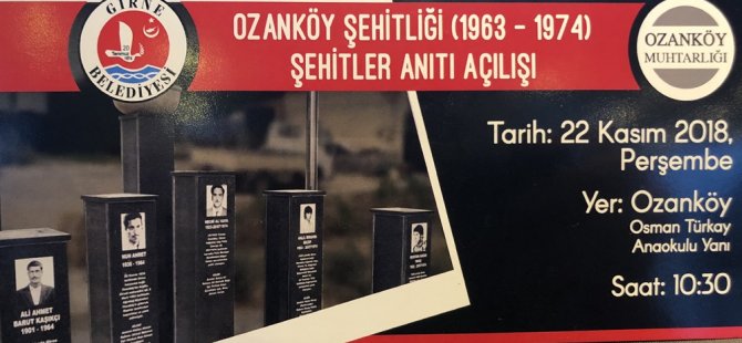 Ozanköy şehitler anıtı yarın açılıyor
