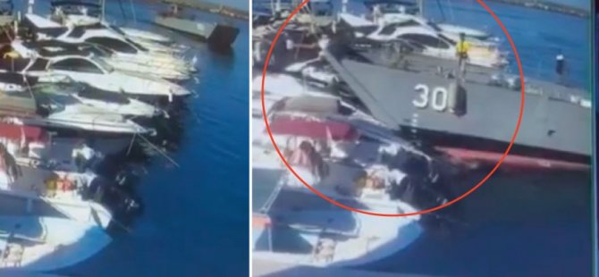 Sahil Güvenlik Komutanlığı'na ait çıkarma gemisi limandaki  teknelere çarptı