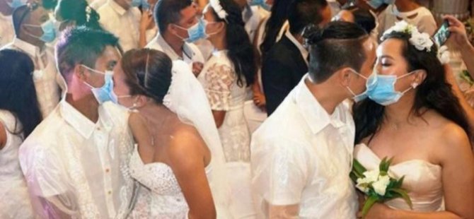 Toplu düğünde corona önlemi! Maskeleri takıp evlendiler