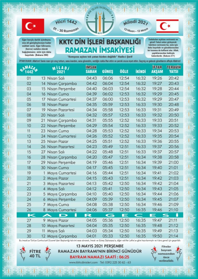 kktc icin 2021 ramazan imsakiyesi sahur ve iftar hangi gun saat kacta