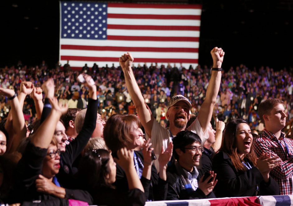 Supporters of U.S. President Obama cheer during his election night rally in Chicago