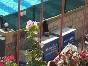 Çöp konteyneri üzerinden havuzdaki yaşıtlarını izleyen kağıt toplayıcı ç