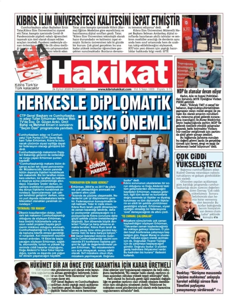 KKTC'de Gazeteler bugün ne yazdı? 24 Eylül 2020 Perşembe galerisi resim 11