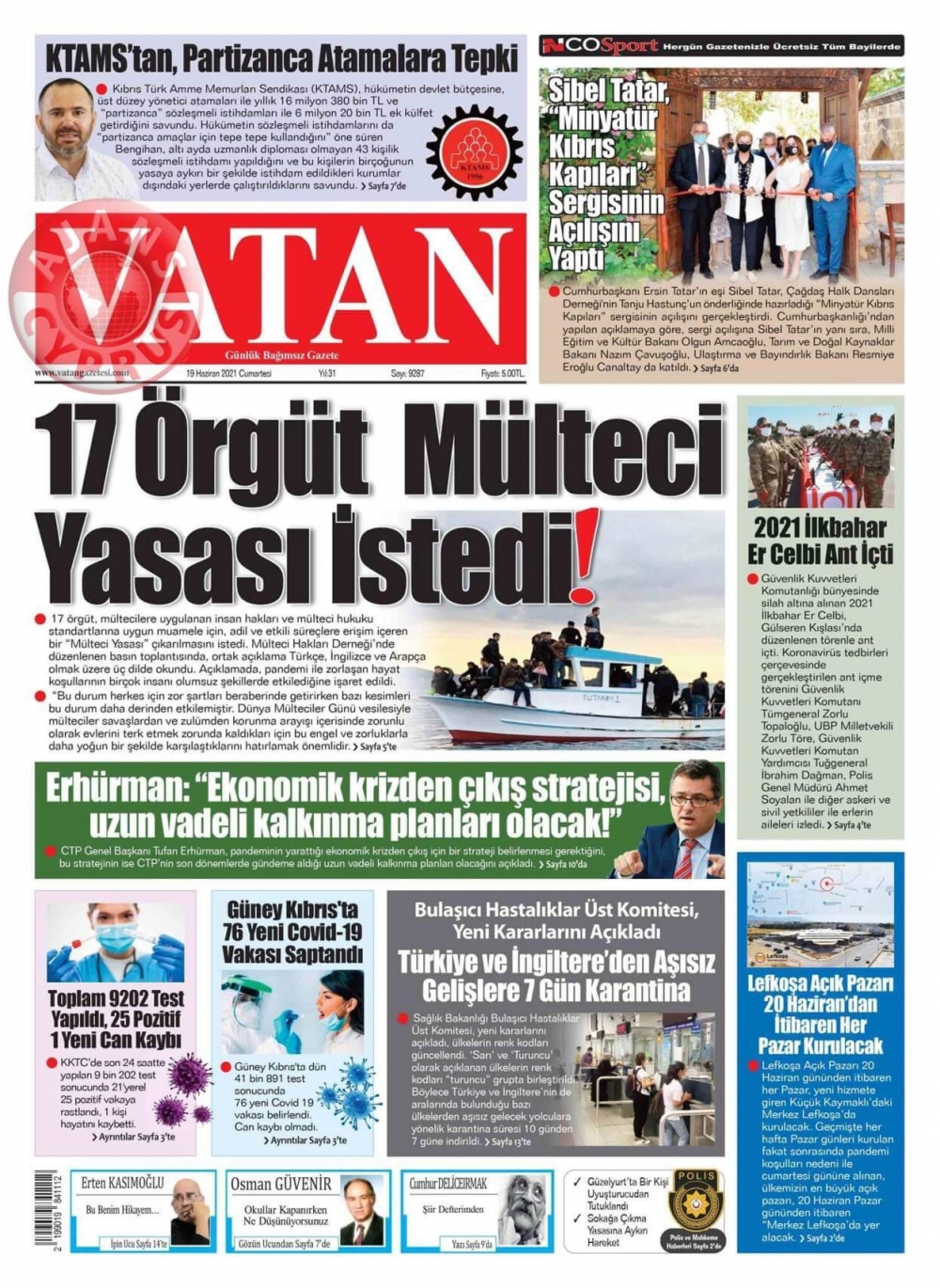 KKTC'de Gazeteler Bugün Ne Manşet Attı? (19 Haziran 2021) galerisi resim 1