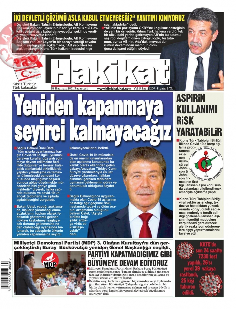 KKTC'de Gazeteler Bugün Ne Manşet Attı? (28 Haziran 2021) galerisi resim 3