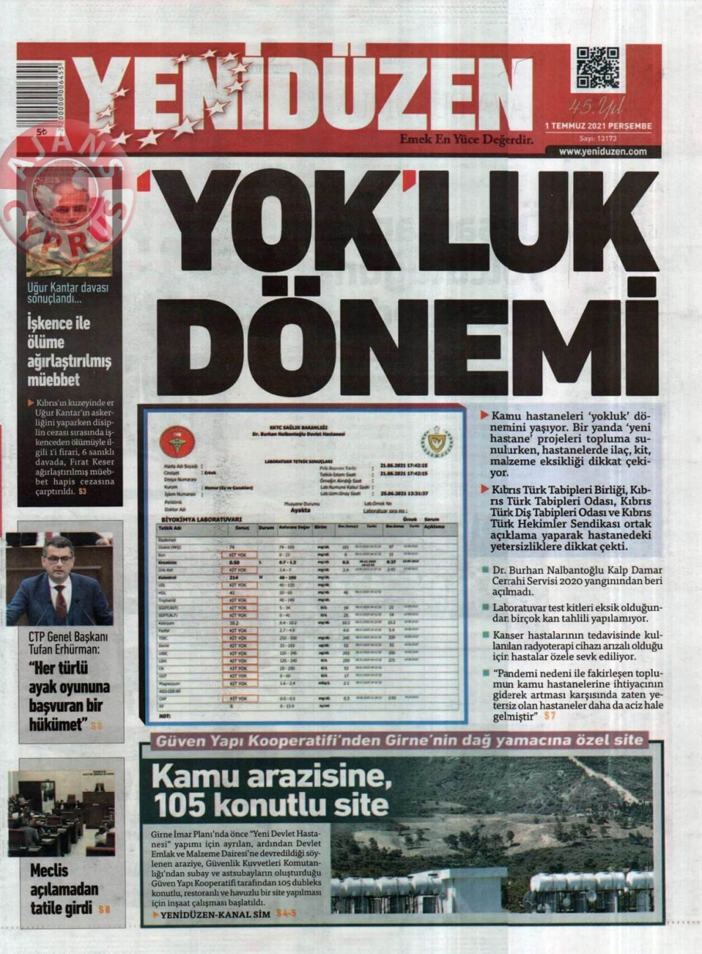 KKTC'de Gazeteler Bugün Ne Manşet Attı? (1 Temmuz 2021) galerisi resim 1