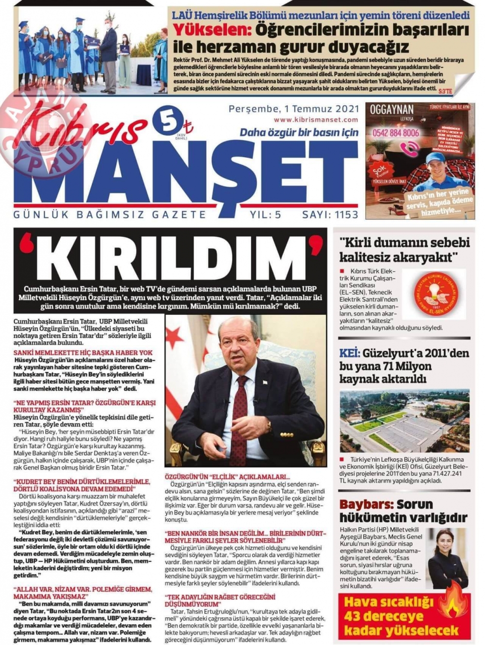 KKTC'de Gazeteler Bugün Ne Manşet Attı? (1 Temmuz 2021) galerisi resim 6