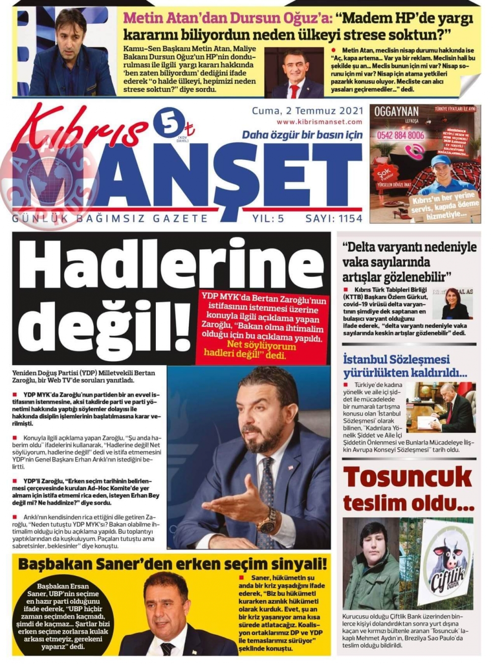 KKTC'de Gazeteler Bugün Ne Manşet Attı? (2 Temmuz 2021) galerisi resim 2