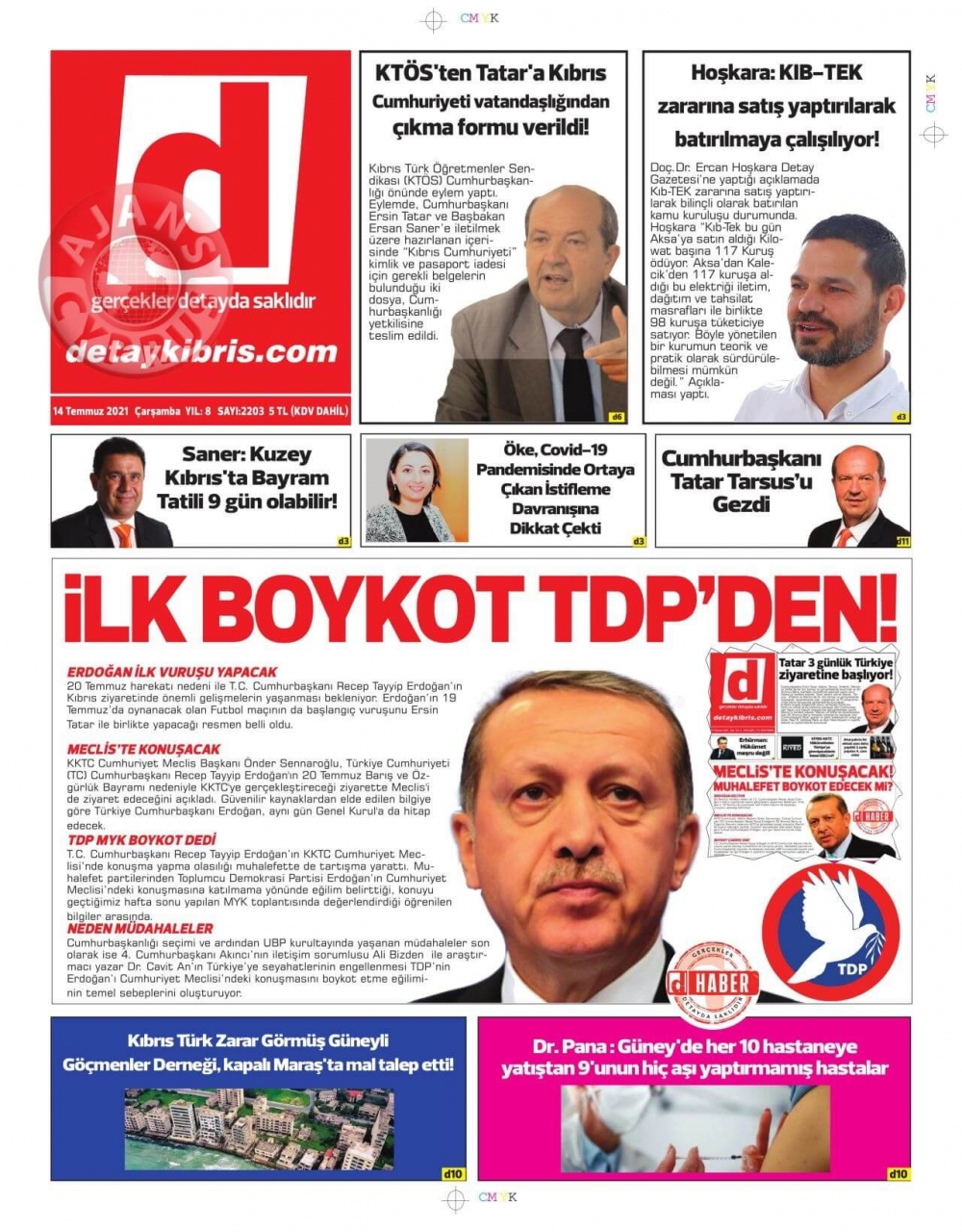 KKTC'de Gazeteler Bugün Ne Manşet Attı? (14 Temmuz 2021) galerisi resim 1