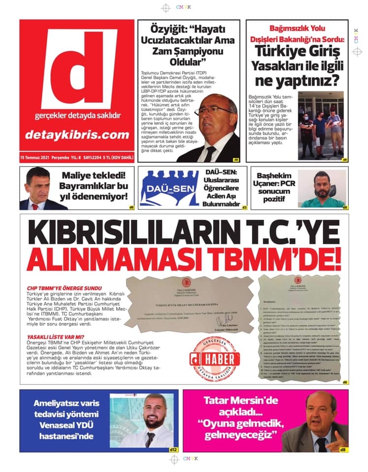 KKTC'de Gazeteler Bugün Ne Manşet Attı? (15 Temmuz 2021) galerisi resim 1