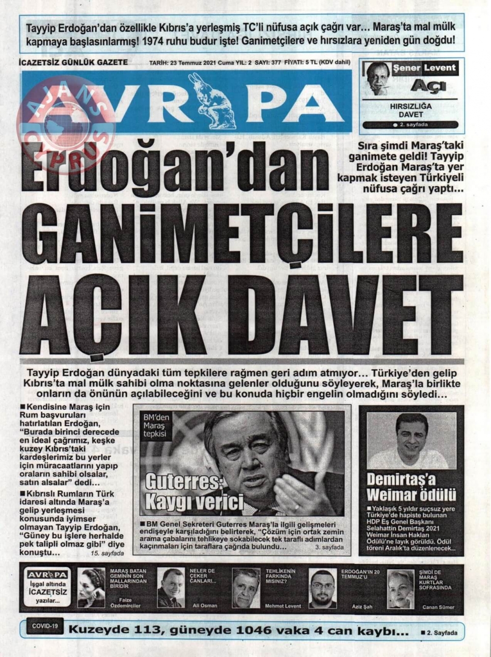 KKTC'de Gazeteler Bugün Ne Manşet Attı? (23 Temmuz 2021) galerisi resim 3