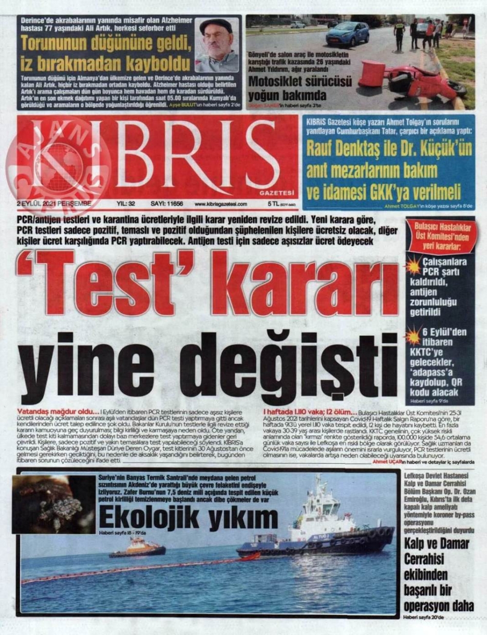 KKTC'de Gazeteler Bugün Ne Manşet Attı? (2 Eylül 2021) galerisi resim 1