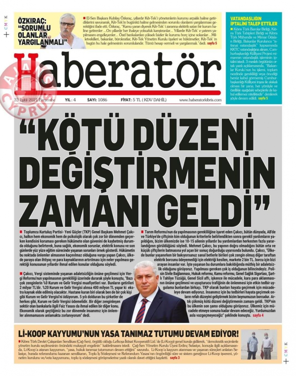KKTC'de Gazeteler Bugün Ne Manşet Attı? (23 Eylül 2021) galerisi resim 2
