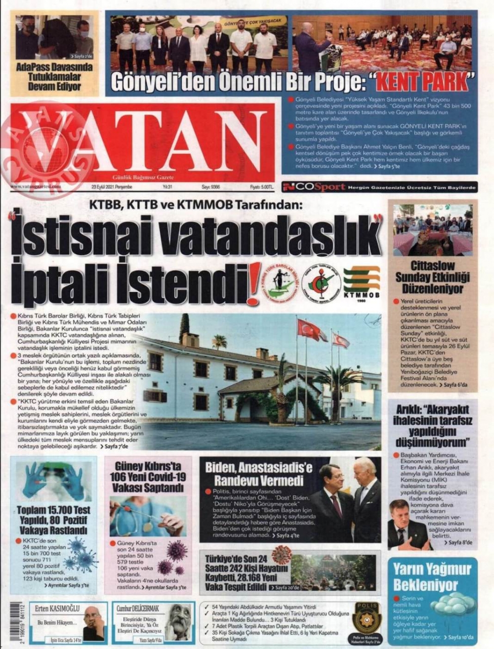 KKTC'de Gazeteler Bugün Ne Manşet Attı? (23 Eylül 2021) galerisi resim 5