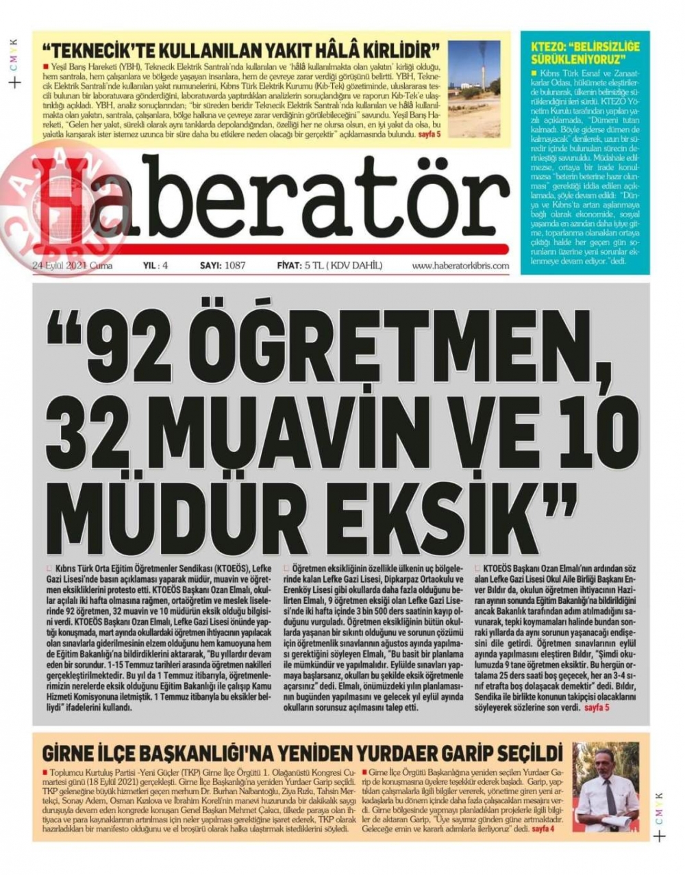 KKTC'de Gazeteler Bugün Ne Manşet Attı? (24 Eylül 2021) galerisi resim 10
