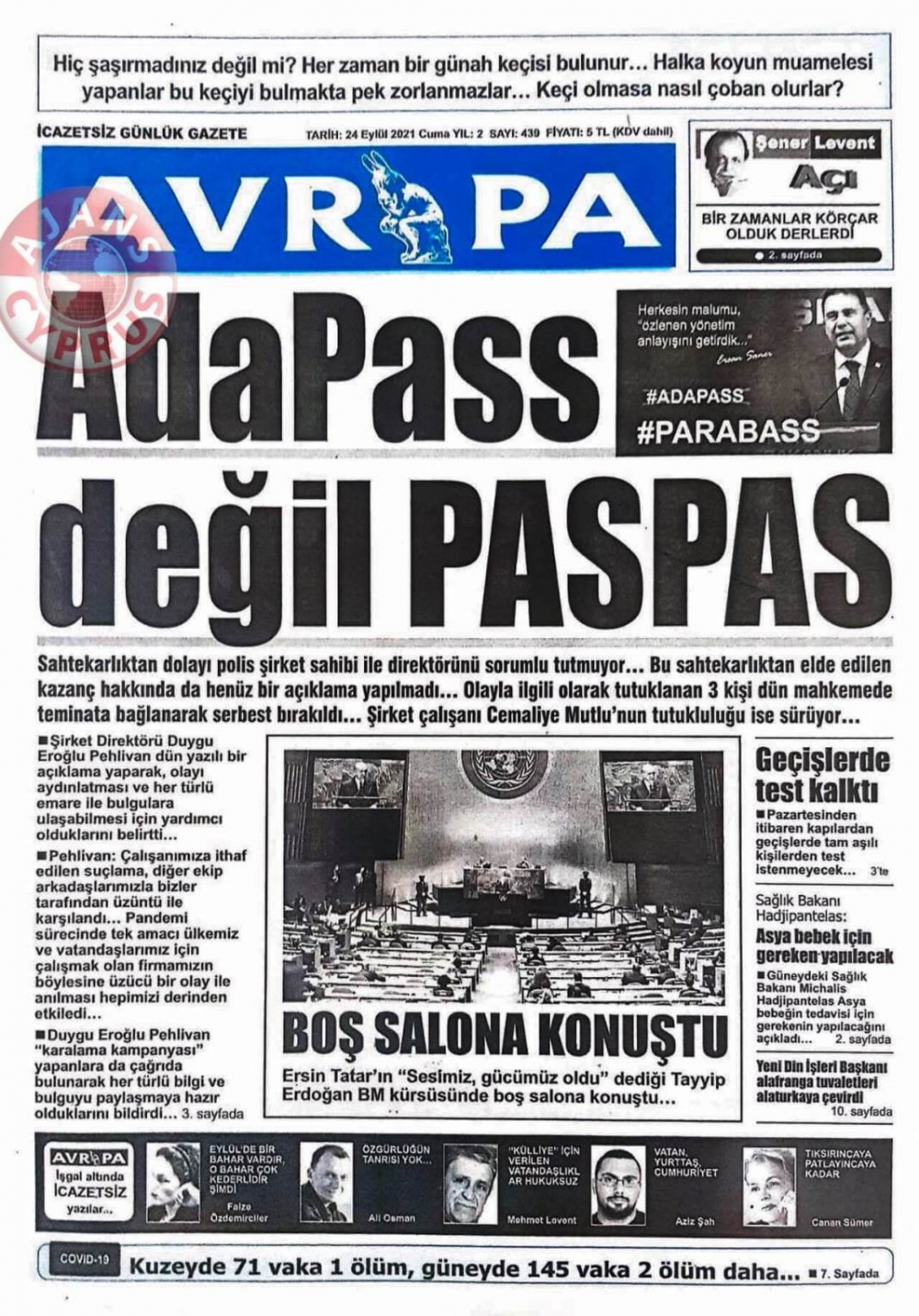 KKTC'de Gazeteler Bugün Ne Manşet Attı? (24 Eylül 2021) galerisi resim 3