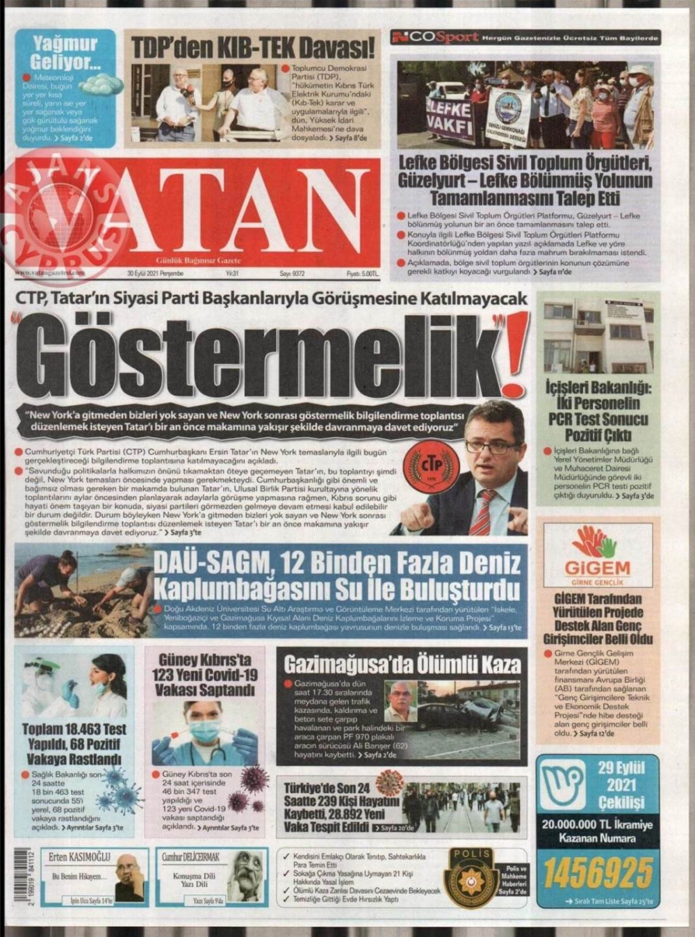 KKTC'de Gazeteler Bugün Ne Manşet Attı? (30 Eylül 2021) galerisi resim 5