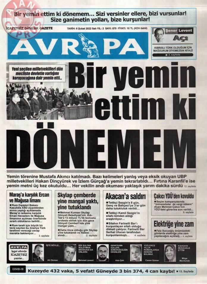 KKTC'de Gazeteler Bugün Ne Manşet Attı? 8 Şubat 2022 galerisi resim 8