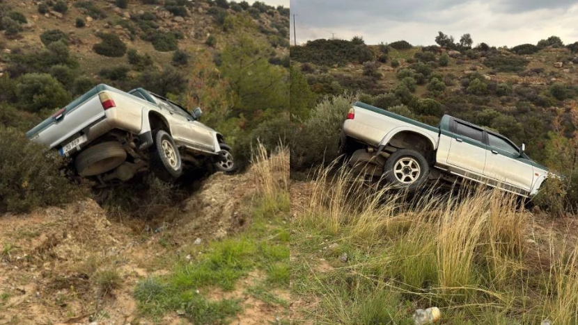 Arızalandığı için bankete park edilen araç, banketin çökmesiyle çalılıklara kaydı