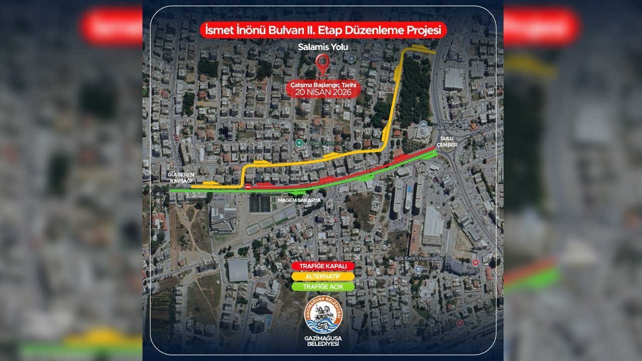 Gazimağusa’da yol çalışması: İsmet İnönü Bulvarı’nda trafik düzenlemesi